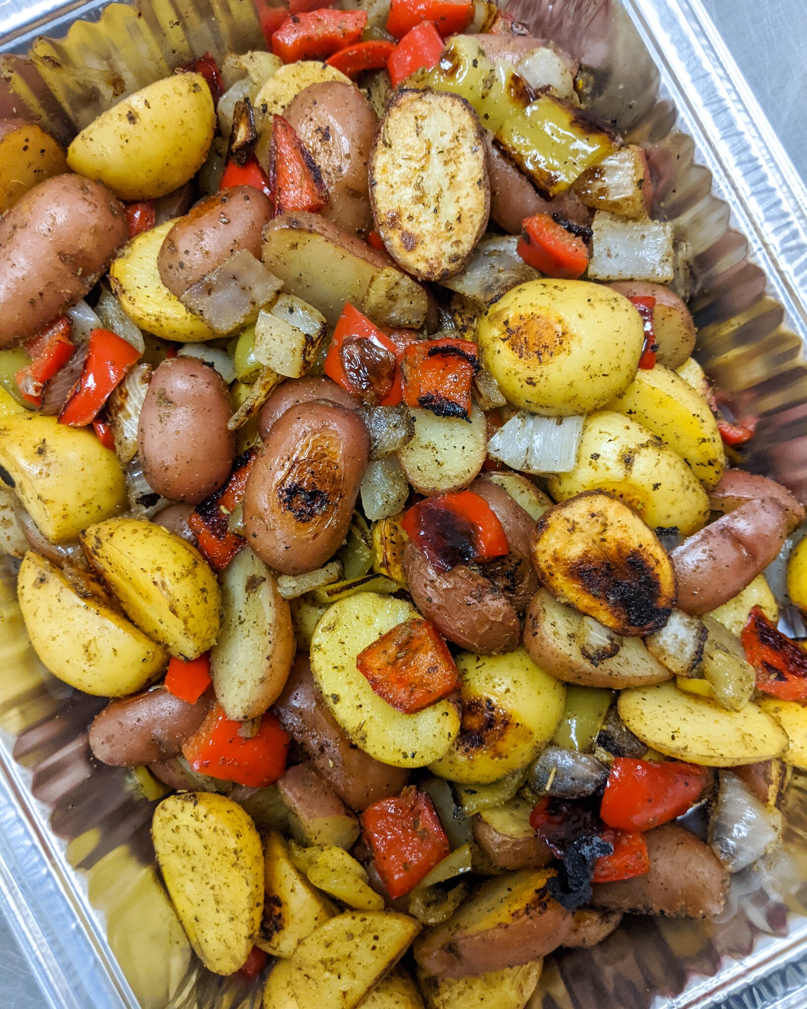 Roasted Potatoes with Bell Peppers and Onions}